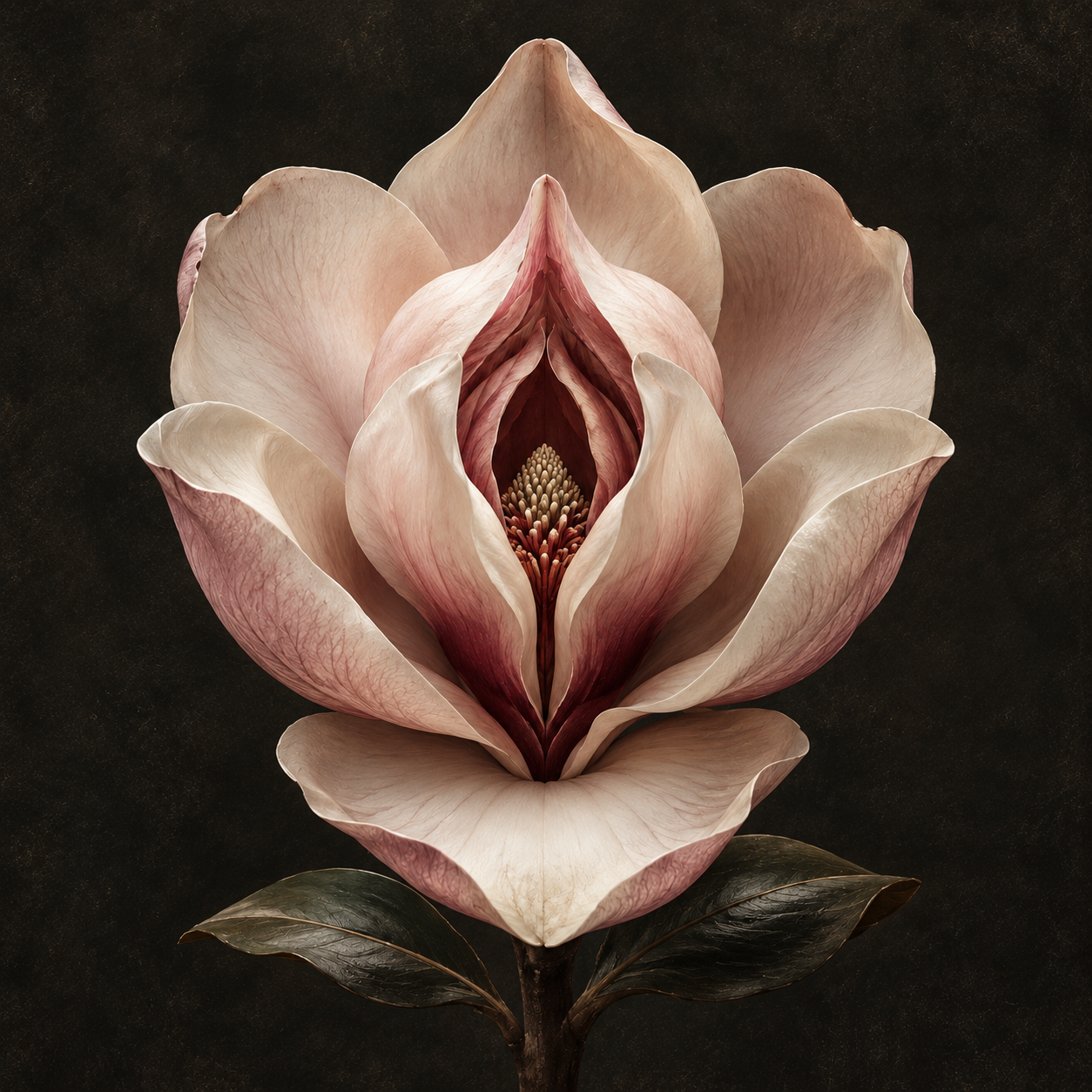 First Bloom by Léonie Vale, an ivory botanical form opening against deep shadow